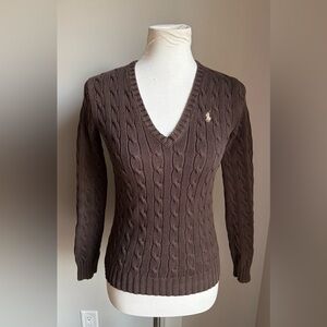 Ralph Lauren Sport Cable Knit V-Neck Long Sleeve Sweater In Brown Size S
